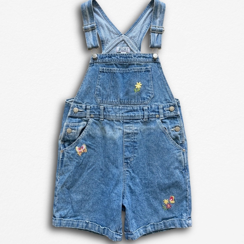Vintage Jet Set Denim Shortalls Girls Size 16 Blue Floral‎ Butterfly Embroidered